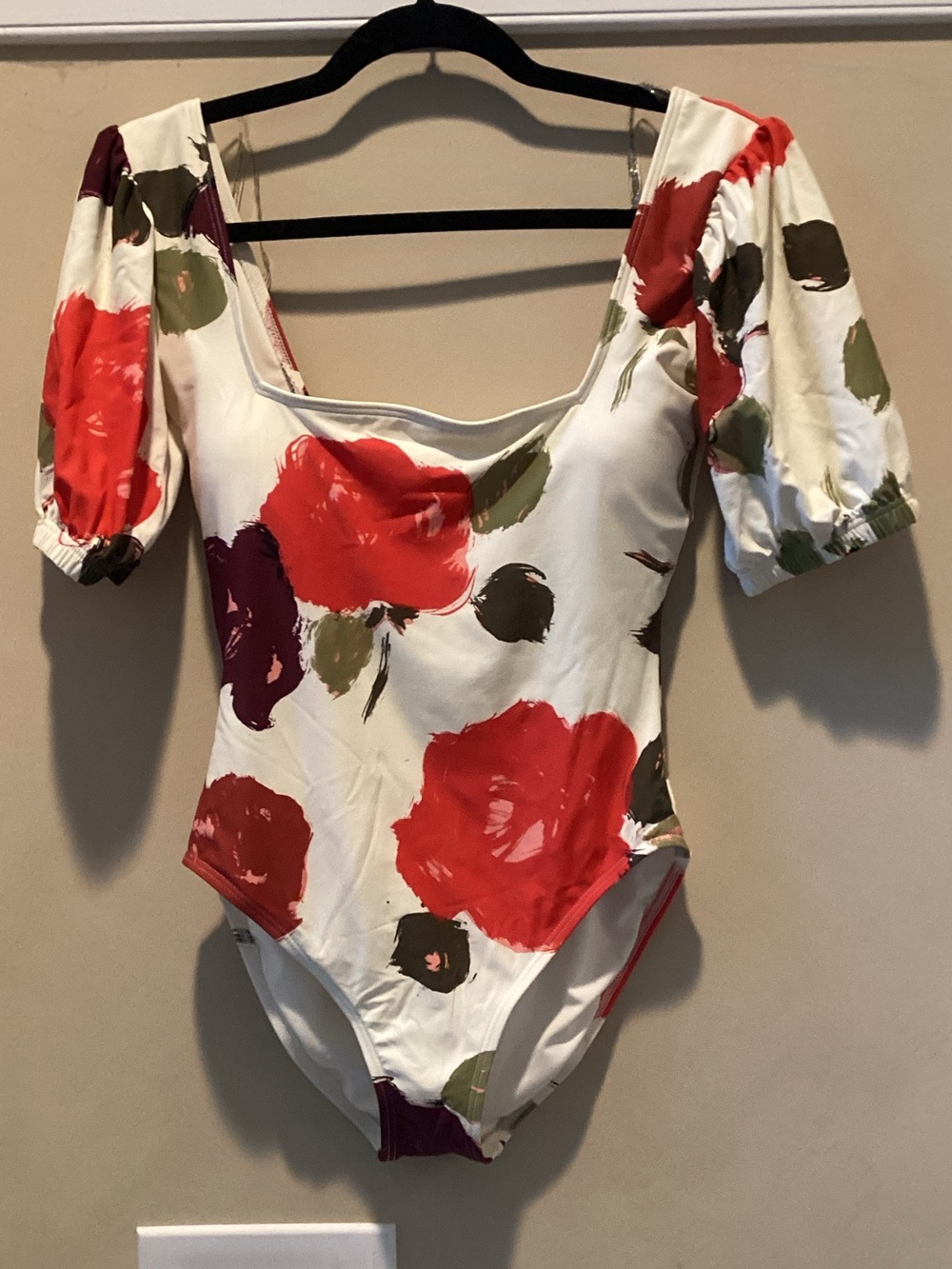 kate spade White One-Piece Swimsuit with Red Floral Print and Olive Accents